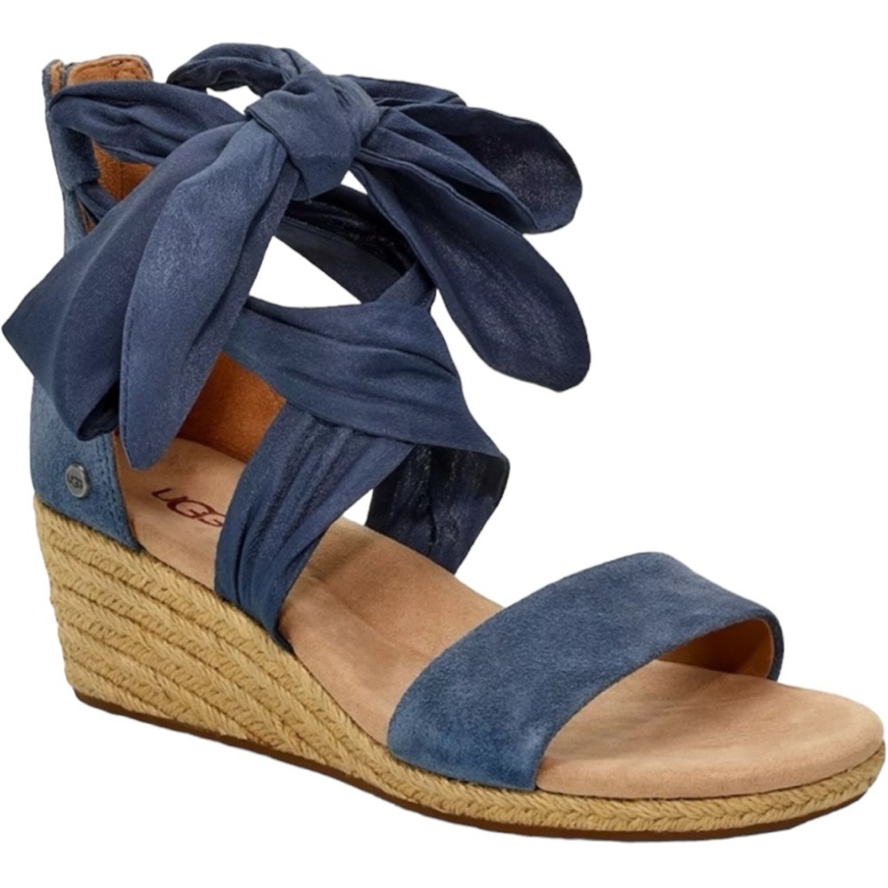 UGG Trina Ribbon Tie Espadrille Wedge Sandals in Desert Blue Suede